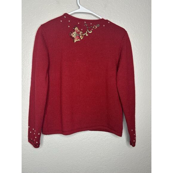 Susan Bristol Vintage 90s Red Wool Christmas Sweater Embroidered Beaded Medium - Picture 2 of 12